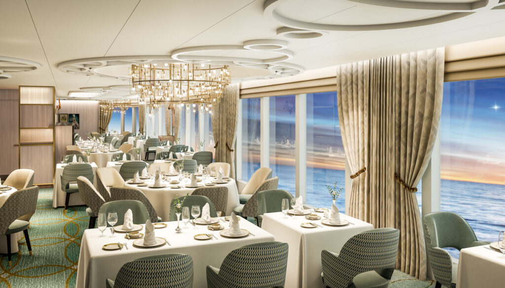 Rendered image of the Queen's Grill onboard the new Cunard ship Queen Anne