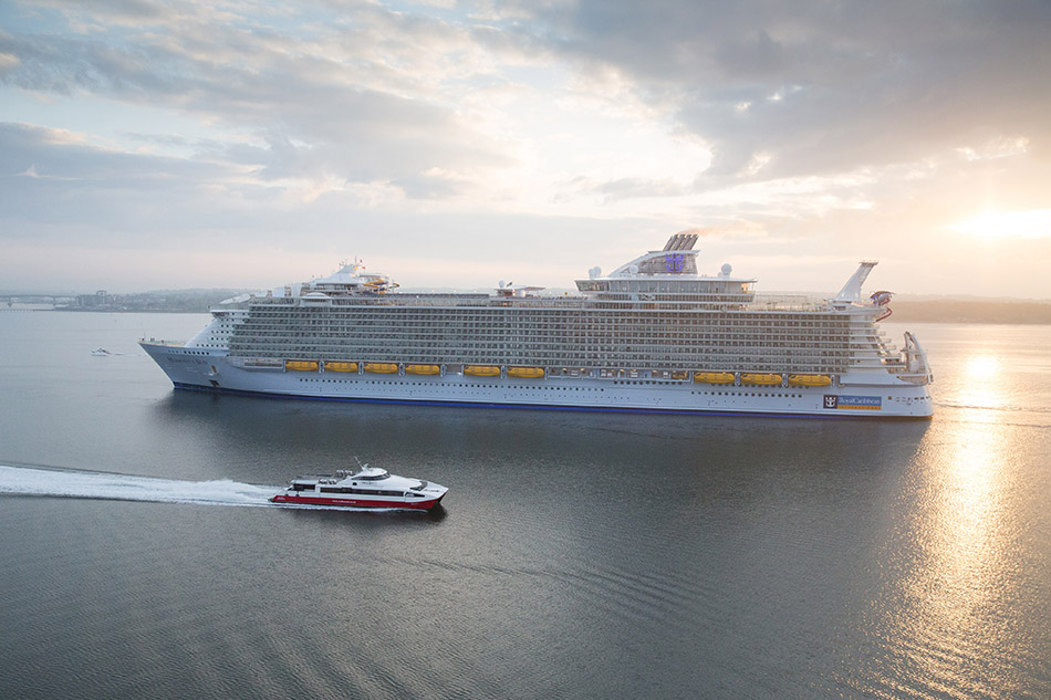 Royal Caribbean International's Harmony of the Seas, the world's largest and newest cruise ship, sails into Southampton, UK.