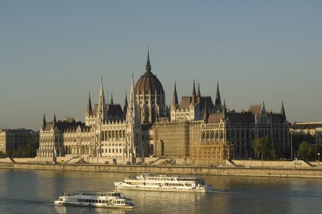 Sunset over the Hungarian Parliament building Danube River Budapest Hungray