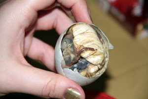 Balut/ Balot: Developing duck embryo that is boiled and eaten in the shell eaten mostly in the Philippines and Southeast Asian countries.
