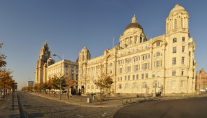 The Three Graces, The Royal Liver Building, The Cunard Building and the Port of Liverpool Building, take centre stage in  the Liverpool Maritime Mercantile City UNESCO World Heritage Site.(multipul images stitched).
