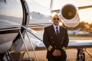 Portrait of a professional pilot in uniform and with sunglasses standing next to the private jet airplane.