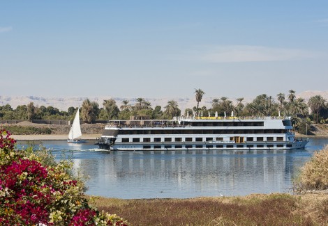 River boat cruising down the Nile at Luxor in Egypt