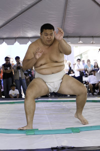Los Angeles, USA - April 1, 2007:  A Sumo wrestler demonstrates various techniques of the sport at the Los Angeles Little Tokyo Cherry Blossom Festival on April 1, 2007.