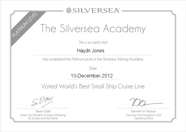 Silversea Platinum certificate