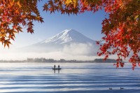 Fuji and red maple leaves at japan lake
