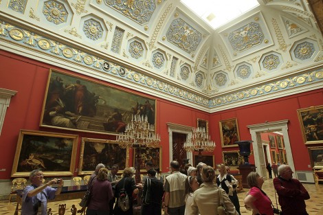 ST. PETERSBURG, RUSSIA - JUNE 19: Visitors walk through the Italian Skylight Halls at the State Hermitage museum on June 19, 2010 in St. Petersburg, Russia. The State Hermitage, founded in 1764 by Catherine the Great, has approximately three million objects in its collections, including the most paintings of any museum. (Photo by Sean Gallup/Getty Images)