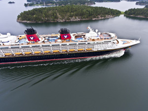 Stockholm, Sweden - July, 11th 2016: Disney Magic cruiser in Stockholm archipelago. The ship is in the Disney Cruise Line fleet. Aerial view.
